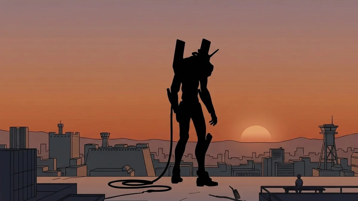 ontologia-evangelion-reflexao-estetica-minimalista Silhueta minimalista de um EVA contra um horizonte urbano japonês crepuscular, representando a introspecção e o isolamento.