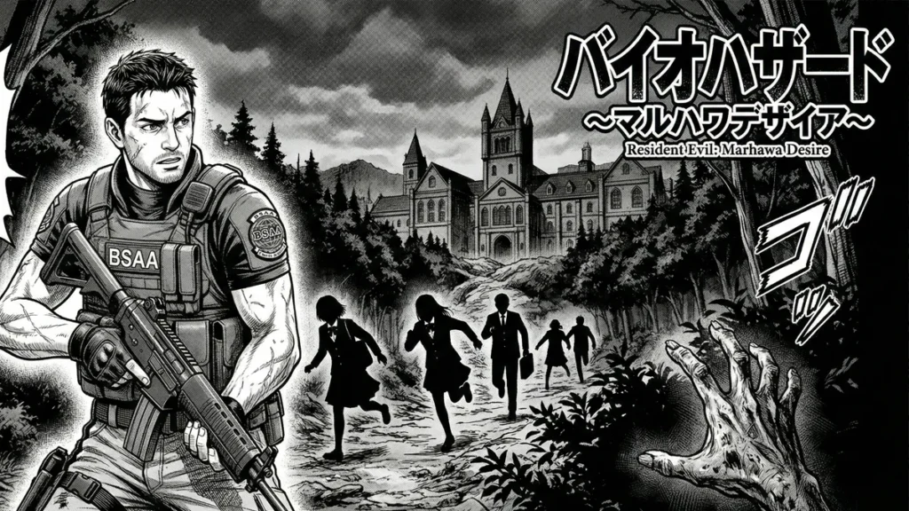 Uma ilustração de painel de mangá fiel ao estilo de Resident Evil: Marhawa Desire, com arte detalhada em preto e branco com toques de chiaroscuro. A imagem deve capturar a tensão, com Chris Redfield em equipamento tático de BSAA olhando apreensivamente para a Academia Marhawa isolada sob um céu nublado, com silhuetas de alunos assustados e talvez uma mão zumbi emergindo das sombras em um canto.