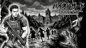 Uma ilustração de painel de mangá fiel ao estilo de Resident Evil: Marhawa Desire, com arte detalhada em preto e branco com toques de chiaroscuro. A imagem deve capturar a tensão, com Chris Redfield em equipamento tático de BSAA olhando apreensivamente para a Academia Marhawa isolada sob um céu nublado, com silhuetas de alunos assustados e talvez uma mão zumbi emergindo das sombras em um canto.
