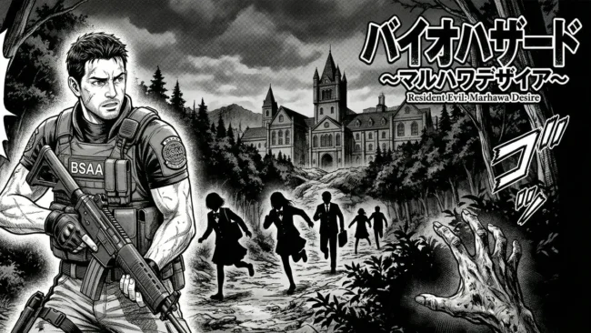 resident-evil-marhawa-desire-manga-capa-analise Uma ilustração de painel de mangá fiel ao estilo de Resident Evil: Marhawa Desire, com arte detalhada em preto e branco com toques de chiaroscuro. A imagem deve capturar a tensão, com Chris Redfield em equipamento tático de BSAA olhando apreensivamente para a Academia Marhawa isolada sob um céu nublado, com silhuetas de alunos assustados e talvez uma mão zumbi emergindo das sombras em um canto.