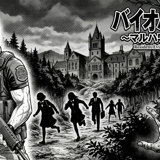 Uma ilustração de painel de mangá fiel ao estilo de Resident Evil: Marhawa Desire, com arte detalhada em preto e branco com toques de chiaroscuro. A imagem deve capturar a tensão, com Chris Redfield em equipamento tático de BSAA olhando apreensivamente para a Academia Marhawa isolada sob um céu nublado, com silhuetas de alunos assustados e talvez uma mão zumbi emergindo das sombras em um canto.