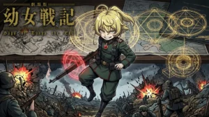 Ilustração estilizada de Tanya Degurechaff em uniforme militar, flutuando sobre um campo de batalha com mapas e símbolos de magia burocrática.