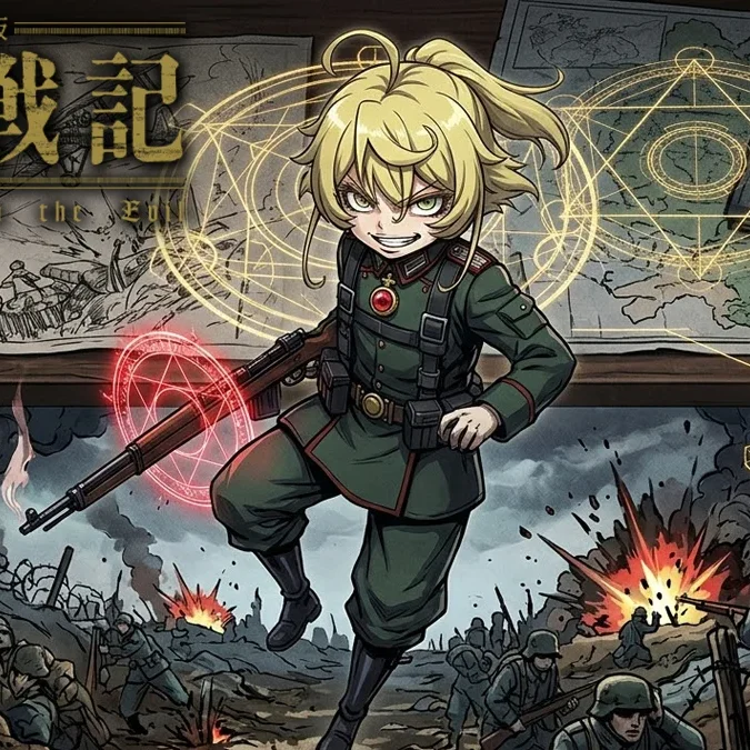 Ilustração estilizada de Tanya Degurechaff em uniforme militar, flutuando sobre um campo de batalha com mapas e símbolos de magia burocrática.
