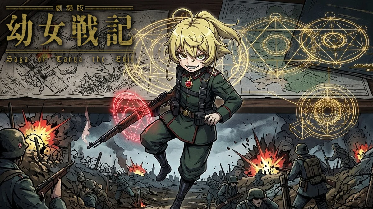 saga_of_tanya_the_evil_critica_analitica_japanzone Ilustração estilizada de Tanya Degurechaff em uniforme militar, flutuando sobre um campo de batalha com mapas e símbolos de magia burocrática.