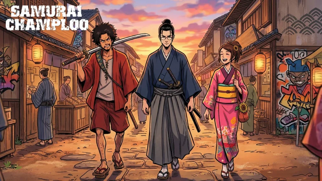 Ilustração de Mugen, Jin e Fuu de Samurai Champloo, caminhando em um cenário que mistura o período Edo e graffiti.