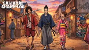 Ilustração de Mugen, Jin e Fuu de Samurai Champloo, caminhando em um cenário que mistura o período Edo e graffiti.
