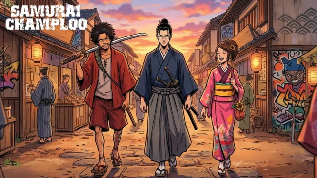 samurai-champloo-mugen-jin-fuu-hip-hop-edo Ilustração de Mugen, Jin e Fuu de Samurai Champloo, caminhando em um cenário que mistura o período Edo e graffiti.