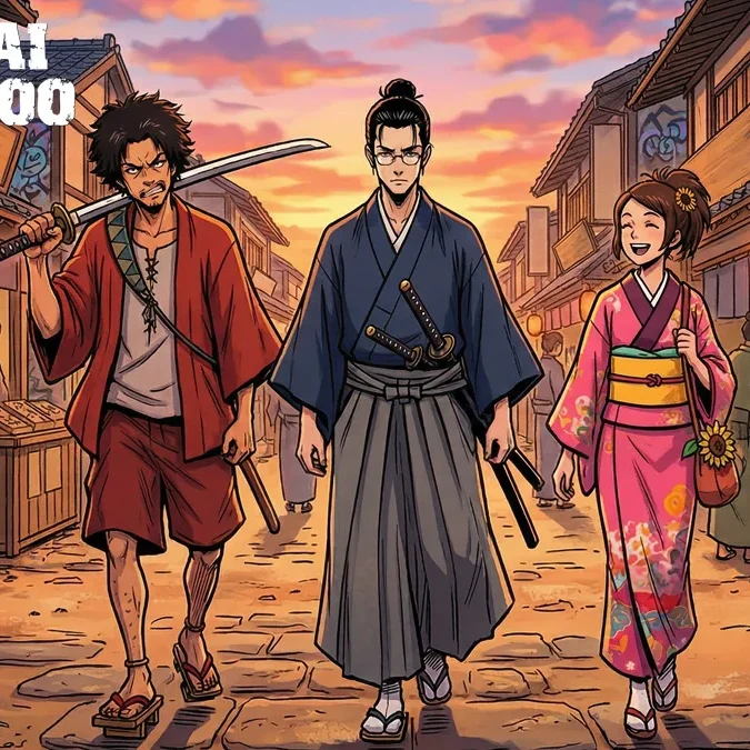 Ilustração de Mugen, Jin e Fuu de Samurai Champloo, caminhando em um cenário que mistura o período Edo e graffiti.