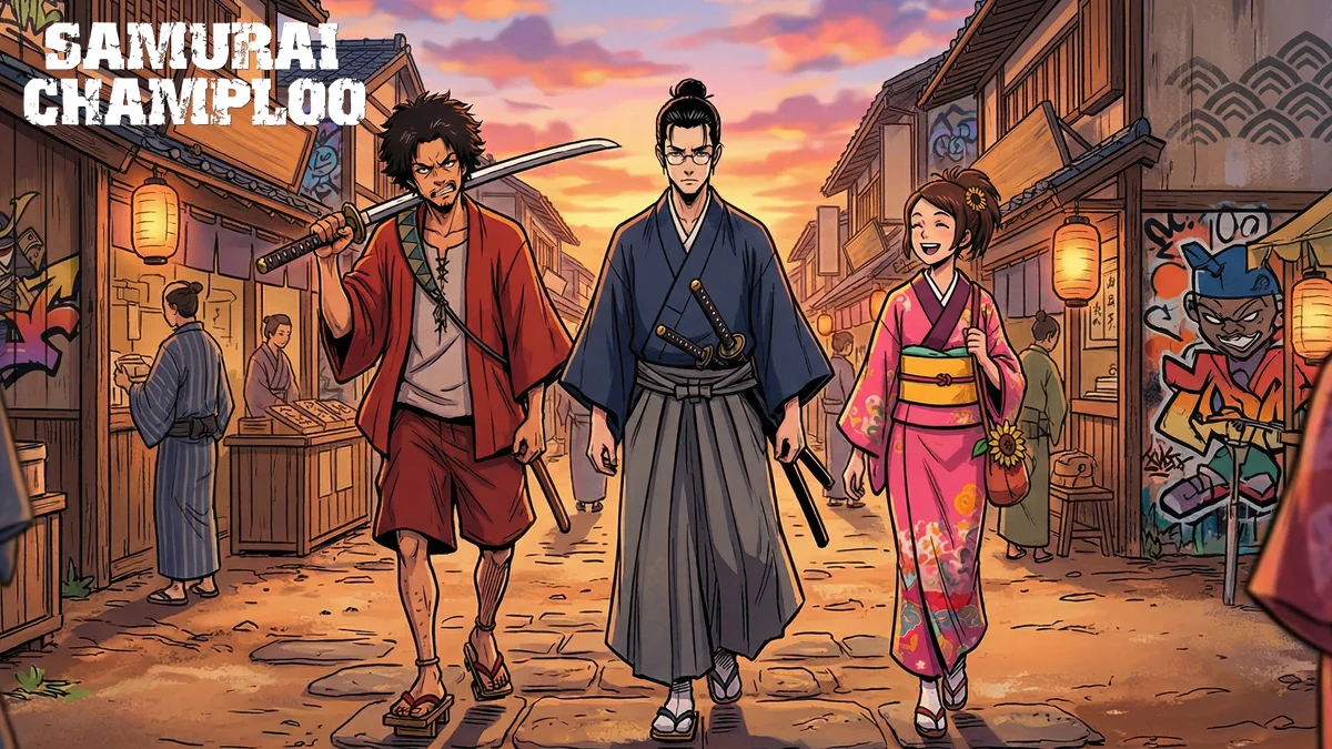 samurai-champloo-mugen-jin-fuu-hip-hop-edo Ilustração de Mugen, Jin e Fuu de Samurai Champloo, caminhando em um cenário que mistura o período Edo e graffiti.