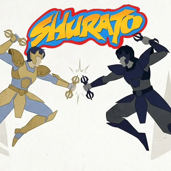 Ilustração minimalista de Shurato e Gai com suas Shakti em combate, simbolizando a luz e a sombra na cosmologia do So-Mantra.