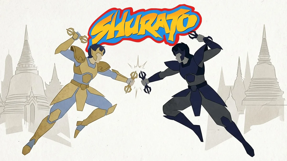 tenku-senki-shurato-gai-shakti-conflito Ilustração minimalista de Shurato e Gai com suas Shakti em combate, simbolizando a luz e a sombra na cosmologia do So-Mantra.
