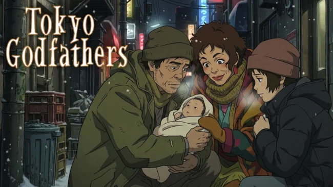 tokyo-godfathers-satoshi-kon-animacao-analise Ilustração dos três protagonistas de Tokyo Godfathers segurando a bebê Kiyoko em uma ruela coberta de neve em Tóquio.