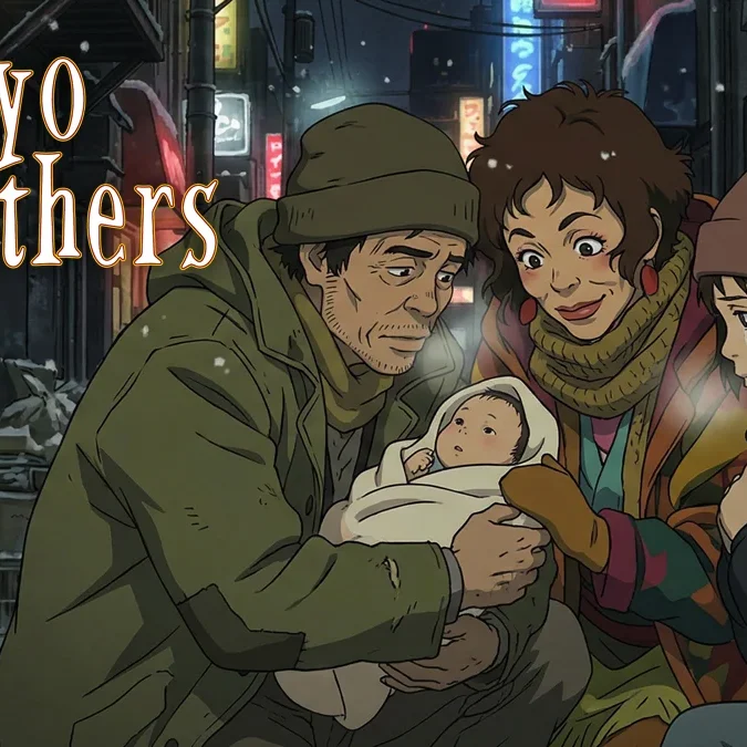 Ilustração dos três protagonistas de Tokyo Godfathers segurando a bebê Kiyoko em uma ruela coberta de neve em Tóquio.
