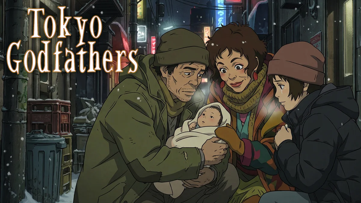 Ilustração dos três protagonistas de Tokyo Godfathers segurando a bebê Kiyoko em uma ruela coberta de neve em Tóquio.