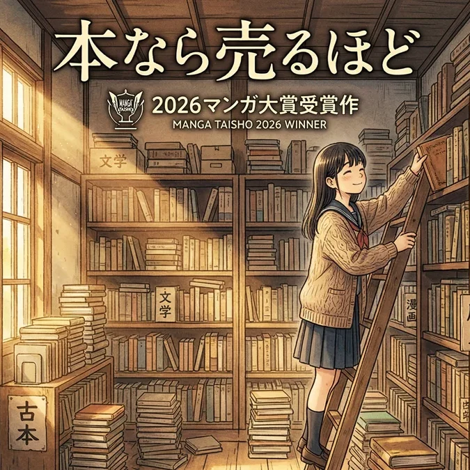 Ilustração estilo mangá de uma livraria de usados aconchegante, celebrando a vitória de Hon Nara Uru Hodo no Manga Taisho 2026.
