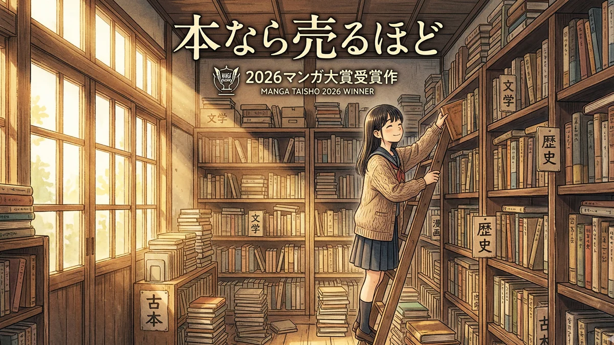 vencedor-manga-taisho-2026-hon-nara-uru-hodo Ilustração estilo mangá de uma livraria de usados aconchegante, celebrando a vitória de Hon Nara Uru Hodo no Manga Taisho 2026.