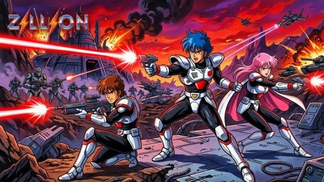 zillion-white-knights-jj-champ-apple-anime Ilustração de estilo anime clássico mostrando J.J., Champ e Apple, os White Knights de Zillion, em pose de combate em Maris.