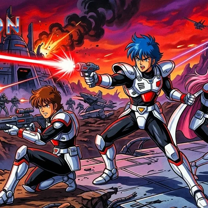 Ilustração de estilo anime clássico mostrando J.J., Champ e Apple, os White Knights de Zillion, em pose de combate em Maris.