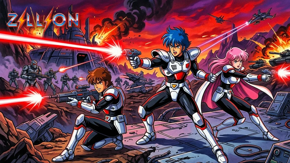 zillion-white-knights-jj-champ-apple-anime Ilustração de estilo anime clássico mostrando J.J., Champ e Apple, os White Knights de Zillion, em pose de combate em Maris.