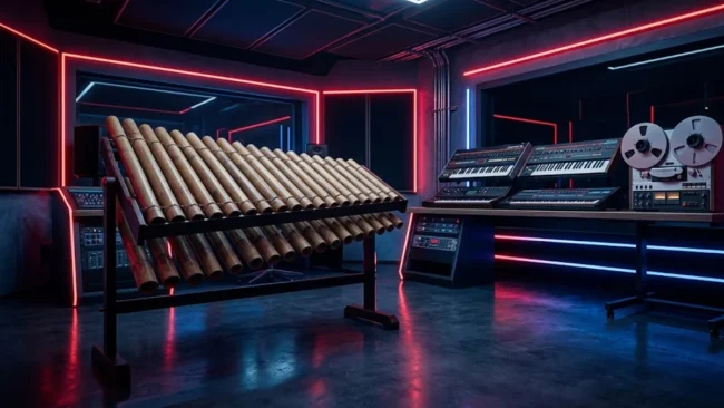 akira-geinoh-yamashirogumi-sound-analysis Close-up técnico de instrumentos de percussão de bambu em um ambiente de estúdio futurista com luzes neon, representando a fusão entre o orgânico e o digital na trilha de Akira.