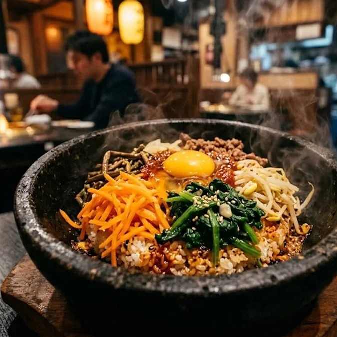 Close-up detalhado de um Bibimbap em tigela de pedra aquecida, destacando as cores vibrantes dos vegetais e a gema de ovo central em ambiente de restaurante japonês refinado