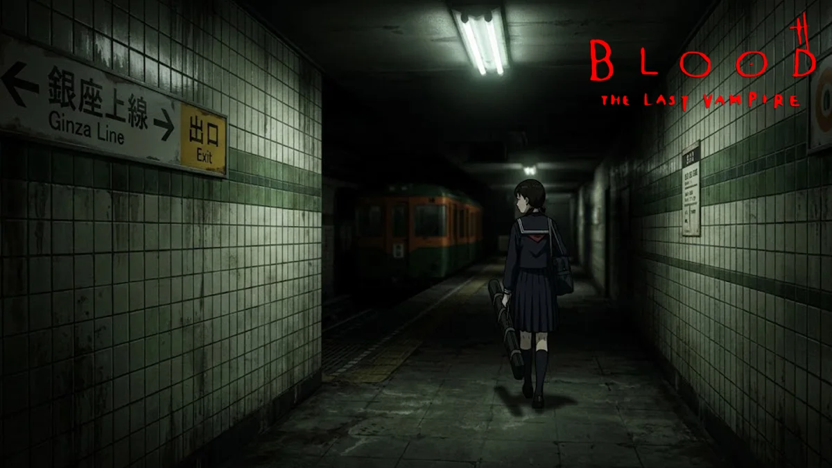 blood-last-vampire-estetica-terada-digital Close-up detalhado da iluminação de estilo noir em uma estação de metrô inspirada na estética de Blood: The Last Vampire, destacando as sombras digitais e a granulosidade da imagem.