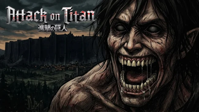 design-titãs-shingeki-no-kyojin-estetica-horror Ilustração detalhada de um titã com expressão grotesca, destacando o conceito de Vale da Estranheza e horror anatômico.