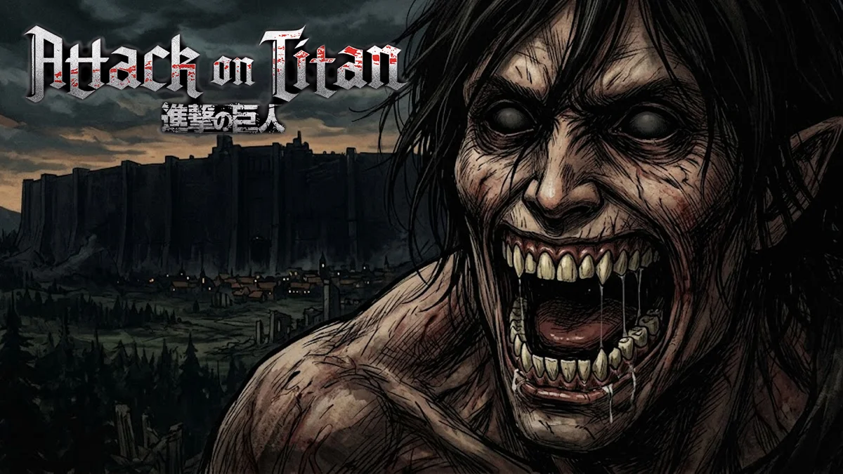 Ilustração detalhada de um titã com expressão grotesca, destacando o conceito de Vale da Estranheza e horror anatômico.