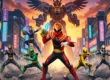 Ilustração de um herói de Tokusatsu em armadura detalhada à frente de um robô gigante e uma cidade japonesa ao entardecer.