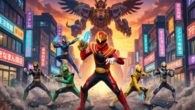 Ilustração de um herói de Tokusatsu em armadura detalhada à frente de um robô gigante e uma cidade japonesa ao entardecer.