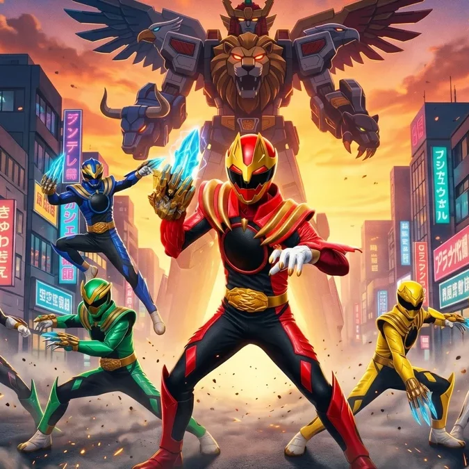 Ilustração de um herói de Tokusatsu em armadura detalhada à frente de um robô gigante e uma cidade japonesa ao entardecer.