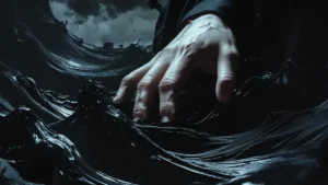 Close-up artístico em alto contraste mostrando a interação entre luz e sombras profundas, evocando o estilo visual de horror e tensão presente em Jujutsu Kaisen.