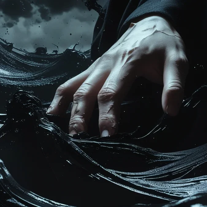 Close-up artístico em alto contraste mostrando a interação entre luz e sombras profundas, evocando o estilo visual de horror e tensão presente em Jujutsu Kaisen.