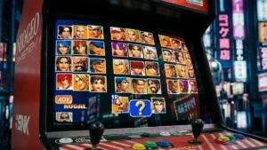 Close-up técnico em um monitor CRT de arcade japonês exibindo a tela de seleção de personagens de The King of Fighters '98