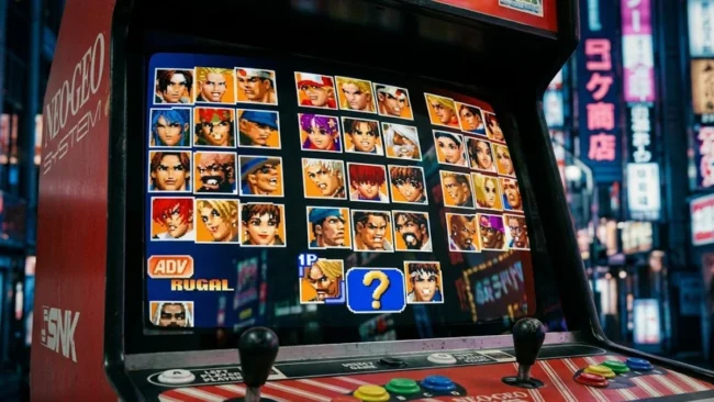 kof98_arcade_neon_design_analysis Close-up técnico em um monitor CRT de arcade japonês exibindo a tela de seleção de personagens de The King of Fighters '98