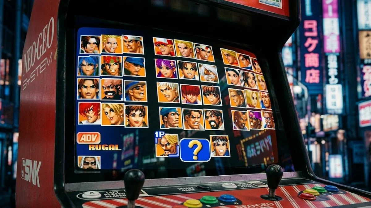 Close-up técnico em um monitor CRT de arcade japonês exibindo a tela de seleção de personagens de The King of Fighters '98