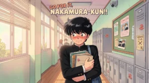 Ilustração de Nakamura, protagonista de Go for It, Nakamura-kun, com estilo visual retrô dos anos 80 e cores suaves.