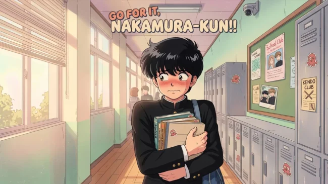 Ilustração de Nakamura, protagonista de Go for It, Nakamura-kun, com estilo visual retrô dos anos 80 e cores suaves.