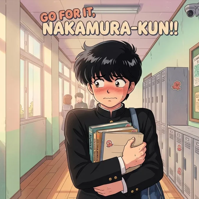 Ilustração de Nakamura, protagonista de Go for It, Nakamura-kun, com estilo visual retrô dos anos 80 e cores suaves.