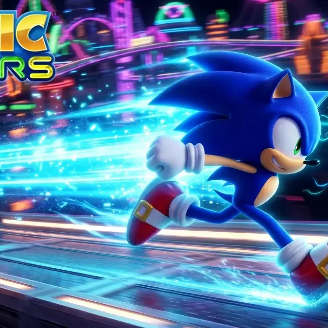 Sonic correndo muito rápido com um rastro de luz azul, acompanhado por um pequeno ser brilhante em um cenário espacial cheio de luzes coloridas.