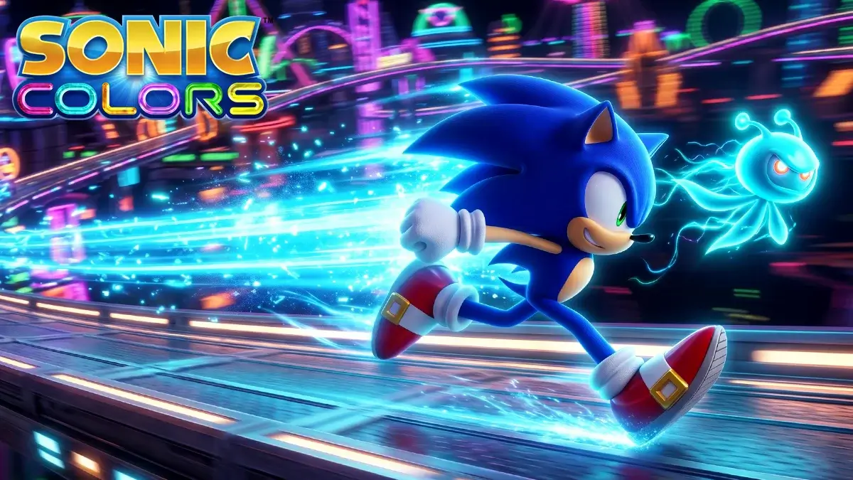 Sonic correndo muito rápido com um rastro de luz azul, acompanhado por um pequeno ser brilhante em um cenário espacial cheio de luzes coloridas.