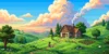 Ilustração em pixel art de alta resolução no estilo 8-bit, representando uma paisagem inspirada no Studio Ghibli com cores vibrantes e estética de videogame retrô.