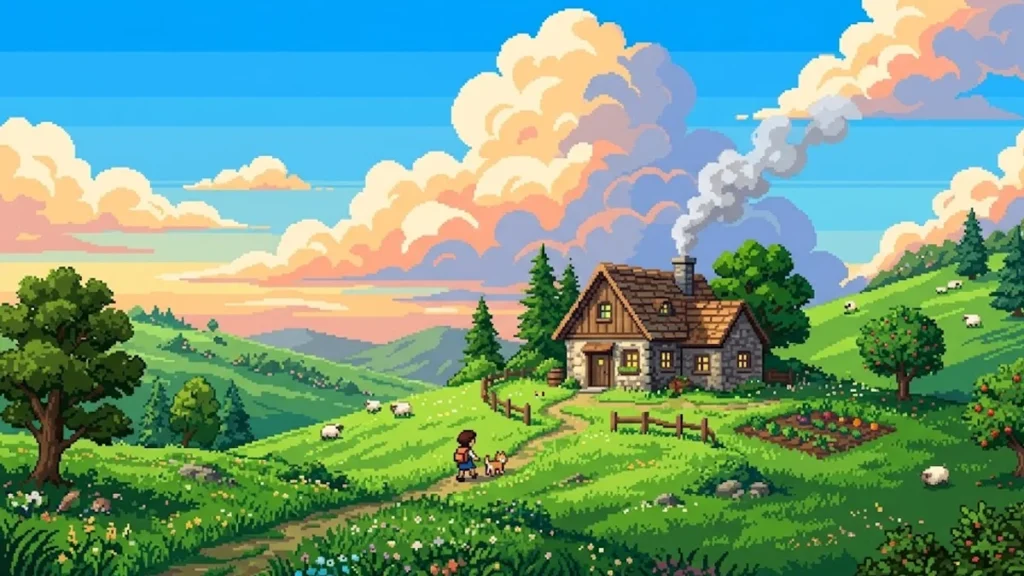 Ilustração em pixel art de alta resolução no estilo 8-bit, representando uma paisagem inspirada no Studio Ghibli com cores vibrantes e estética de videogame retrô.
