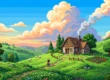 Ilustração em pixel art de alta resolução no estilo 8-bit, representando uma paisagem inspirada no Studio Ghibli com cores vibrantes e estética de videogame retrô.