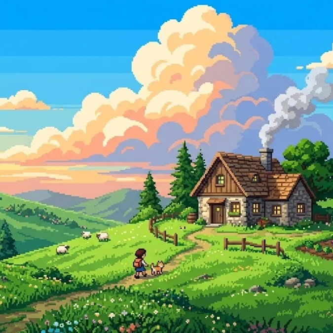 Ilustração em pixel art de alta resolução no estilo 8-bit, representando uma paisagem inspirada no Studio Ghibli com cores vibrantes e estética de videogame retrô.