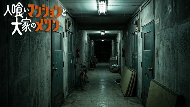 terror-arquitetonico-danchi-maison-manga Fotografia cinematográfica de um corredor de concreto brutalista em um complexo habitacional japonês, com iluminação fluorescente sombria e texturas que sugerem vida orgânica nas paredes.