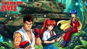 Ilustração de estilo anime clássico mostrando um tanque de guerra japonês em uma floresta de fantasia com heróis dos anos 90.