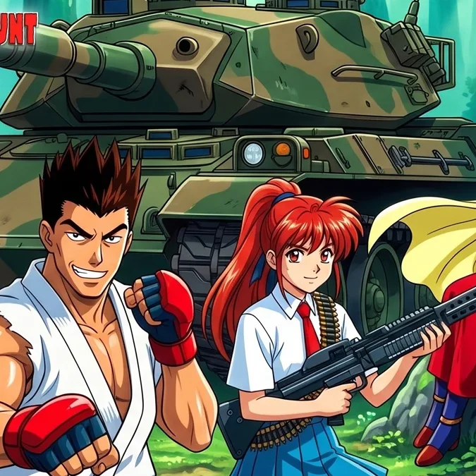 Ilustração de estilo anime clássico mostrando um tanque de guerra japonês em uma floresta de fantasia com heróis dos anos 90.