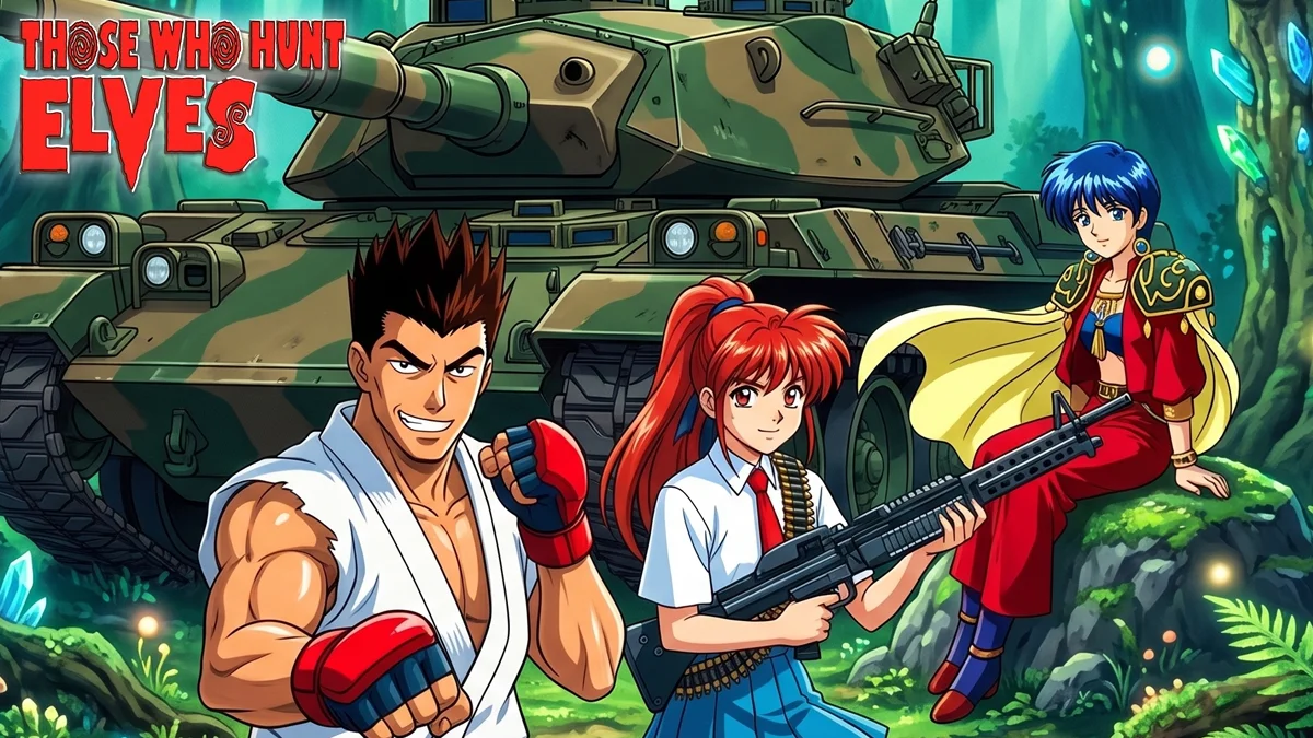 Ilustração de estilo anime clássico mostrando um tanque de guerra japonês em uma floresta de fantasia com heróis dos anos 90.