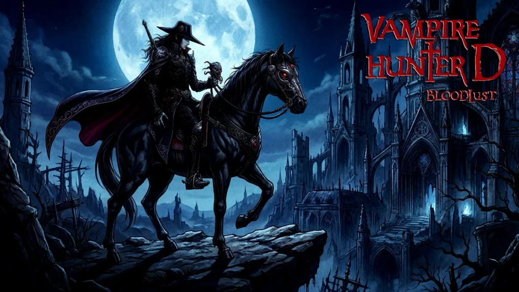Ilustração de Vampire Hunter D em estilo gótico, destacando o contraste de luz e sombra e a estética detalhada do estúdio Madhouse.